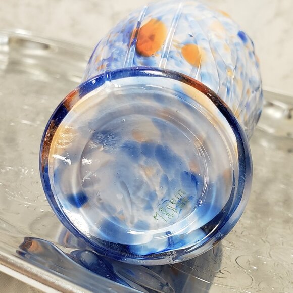 MCM Vintage Multicolor Blue Orange White Spotted Glass Vase Japan 5" - Picture 5 of 9